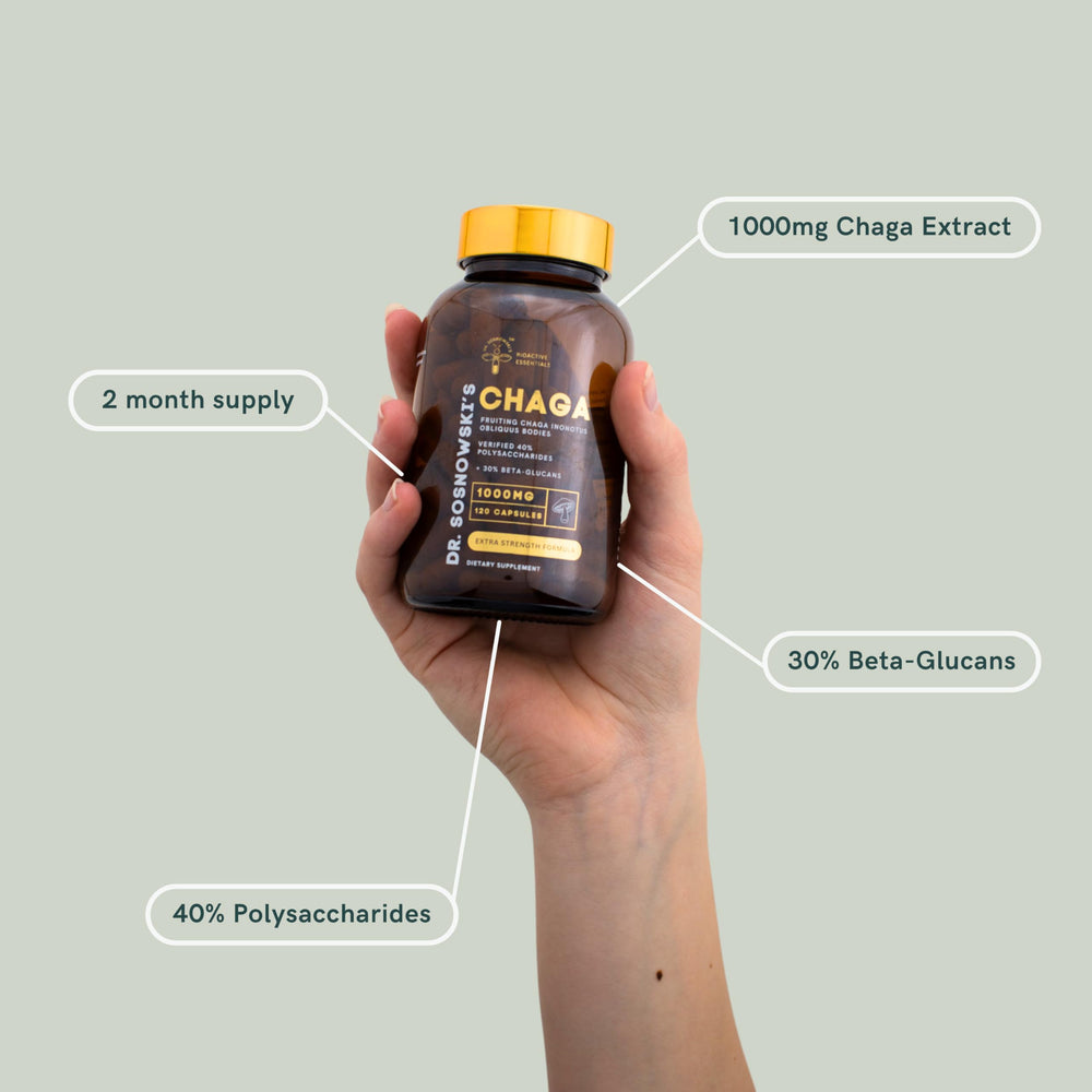 Dr Sosnowski's BioActive Chaga capsules closeup for easy daily use