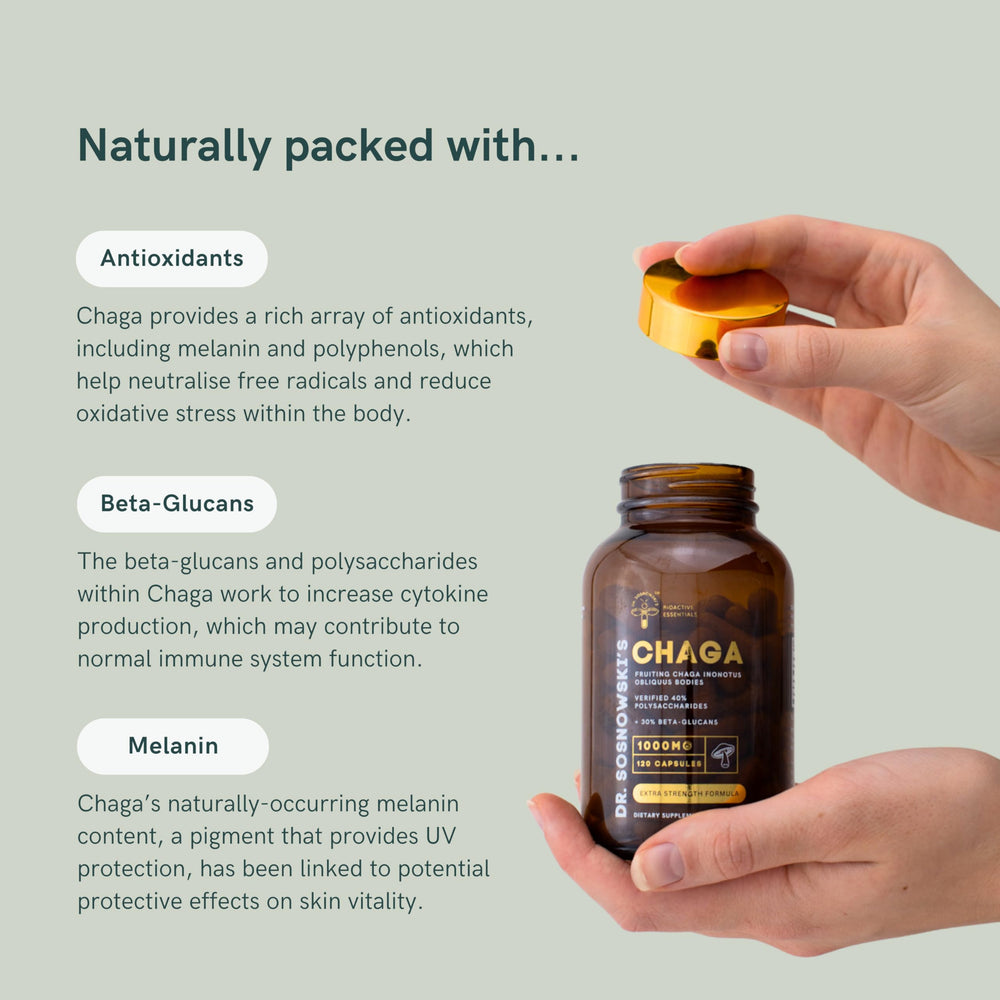 Vegan-friendly symbol and product name on Dr Sosnowski's Chaga packaging