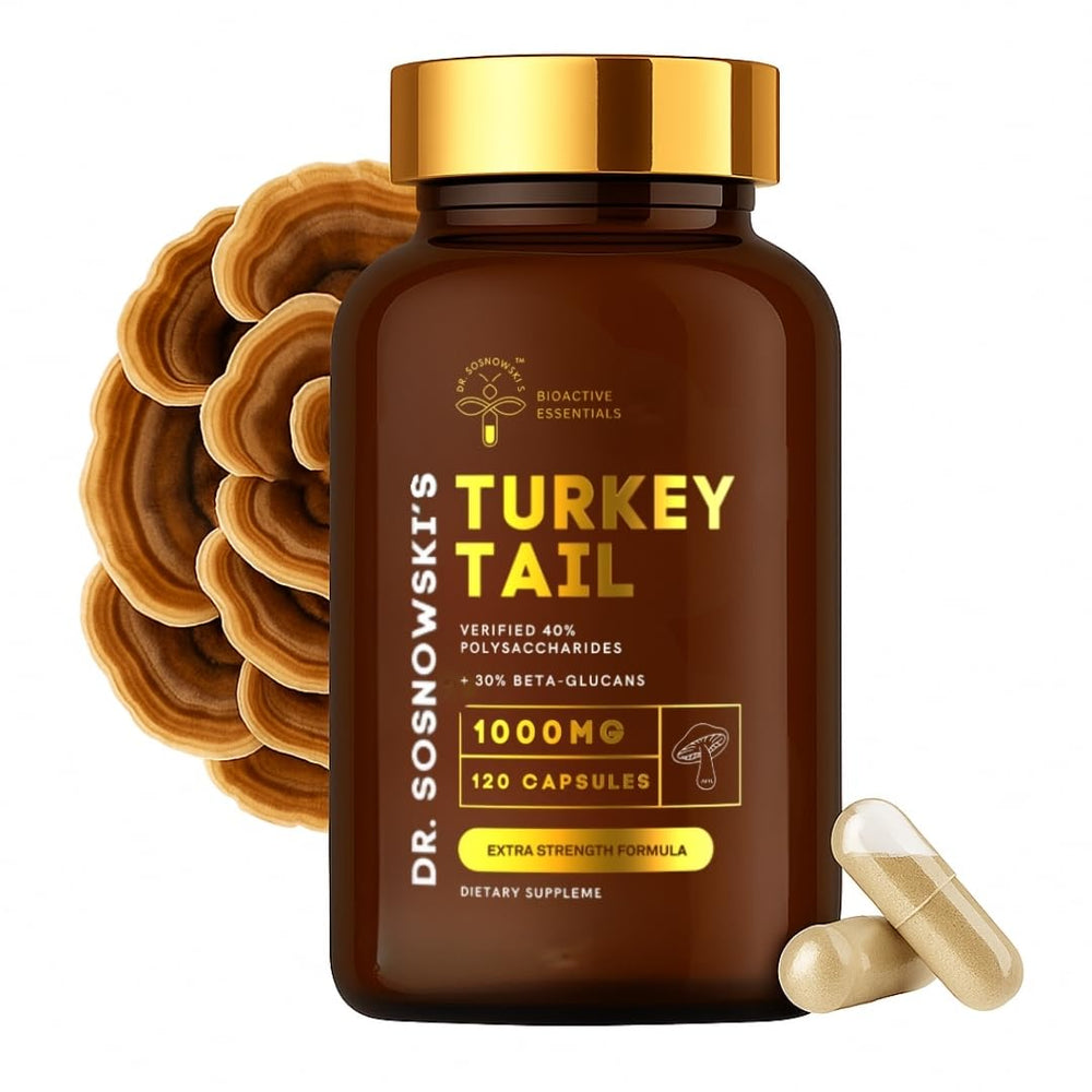 Dr Sosnowski's BioActive Turkey Tail capsules bottle close-up suggesting gut balance and antioxidant potential