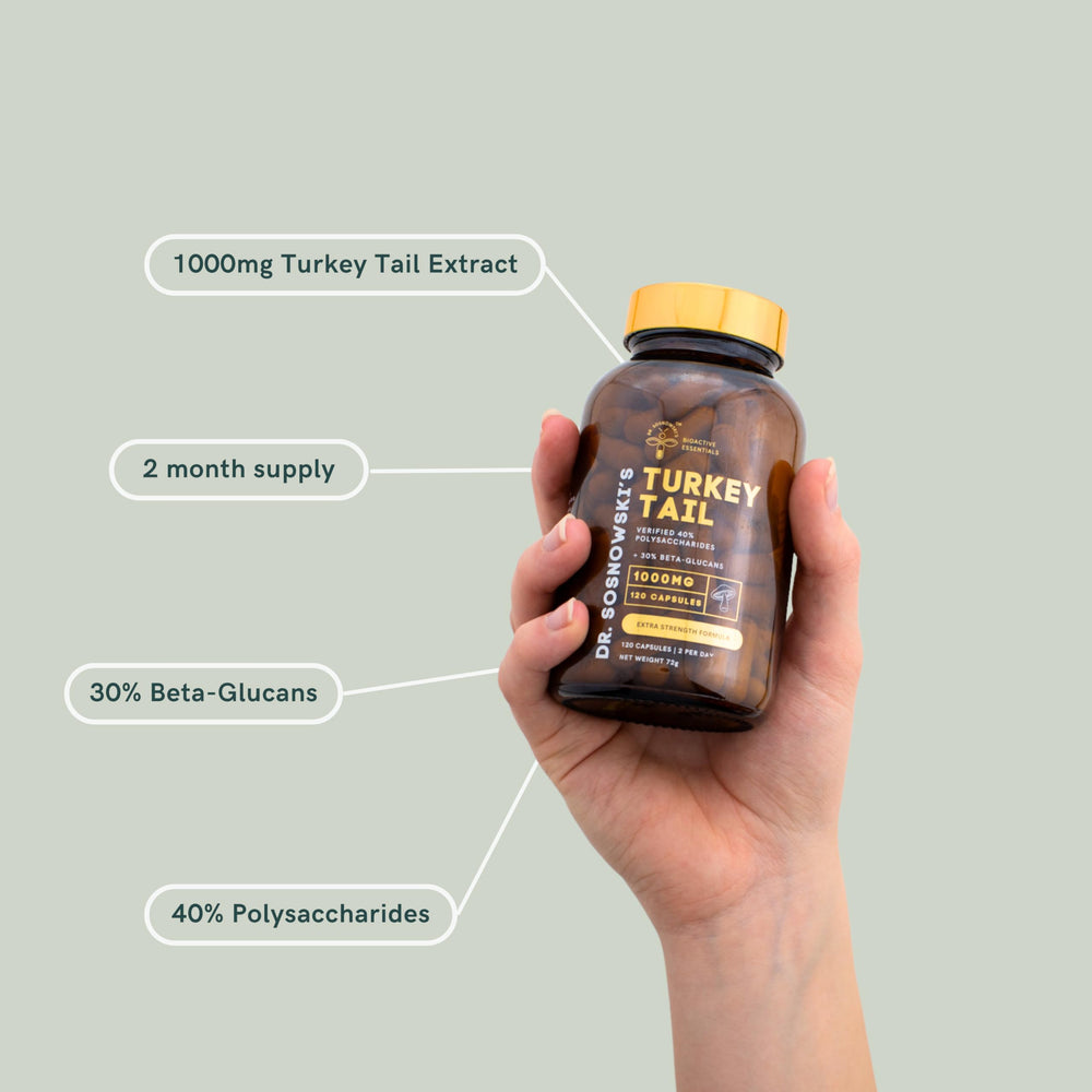 Dr Sosnowski's BioActive Turkey Tail capsules on shelf highlight vegan-friendly high-strength formula