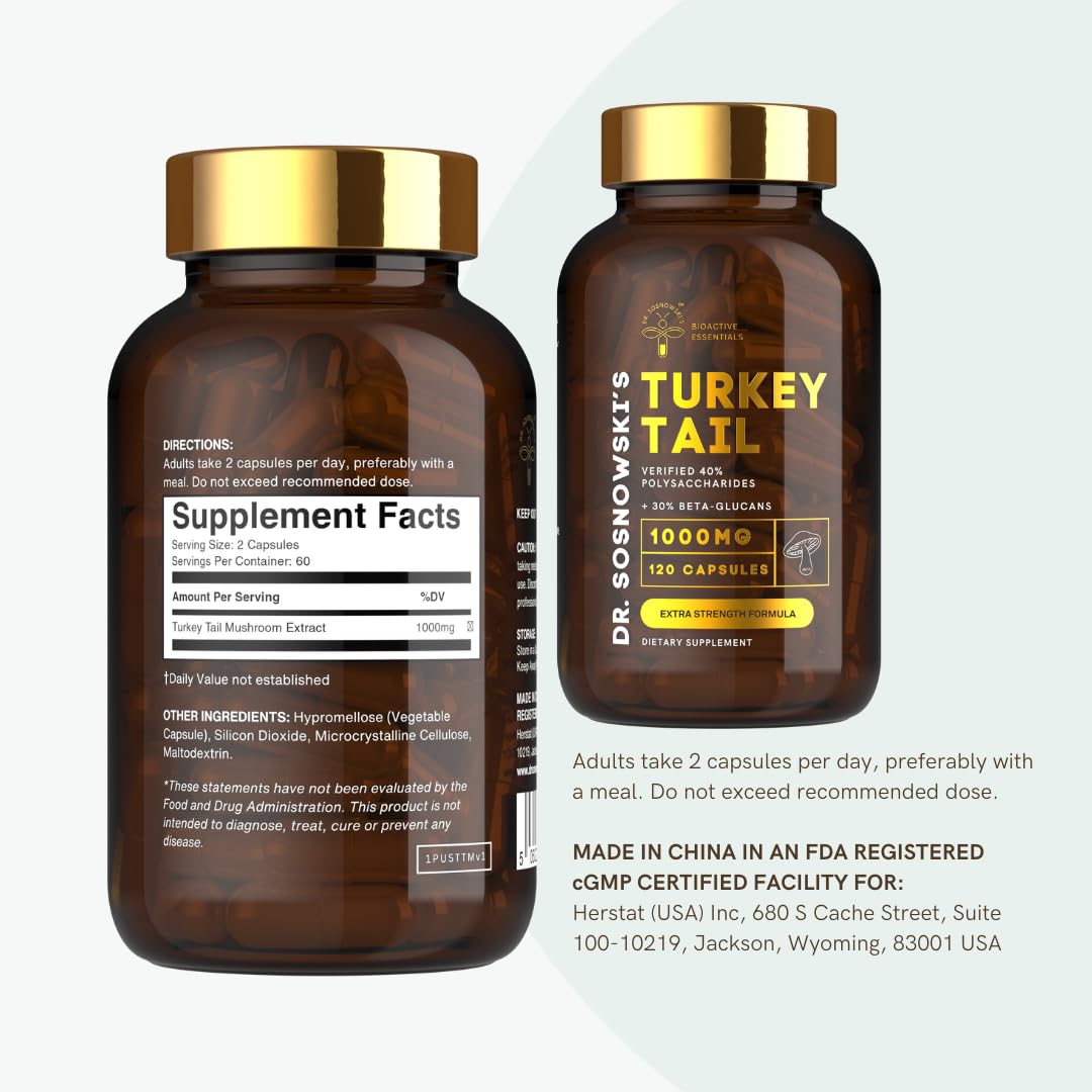 Nutrition panel on Dr Sosnowski's BioActive Turkey Tail bottle shows polysaccharides and beta-glucans