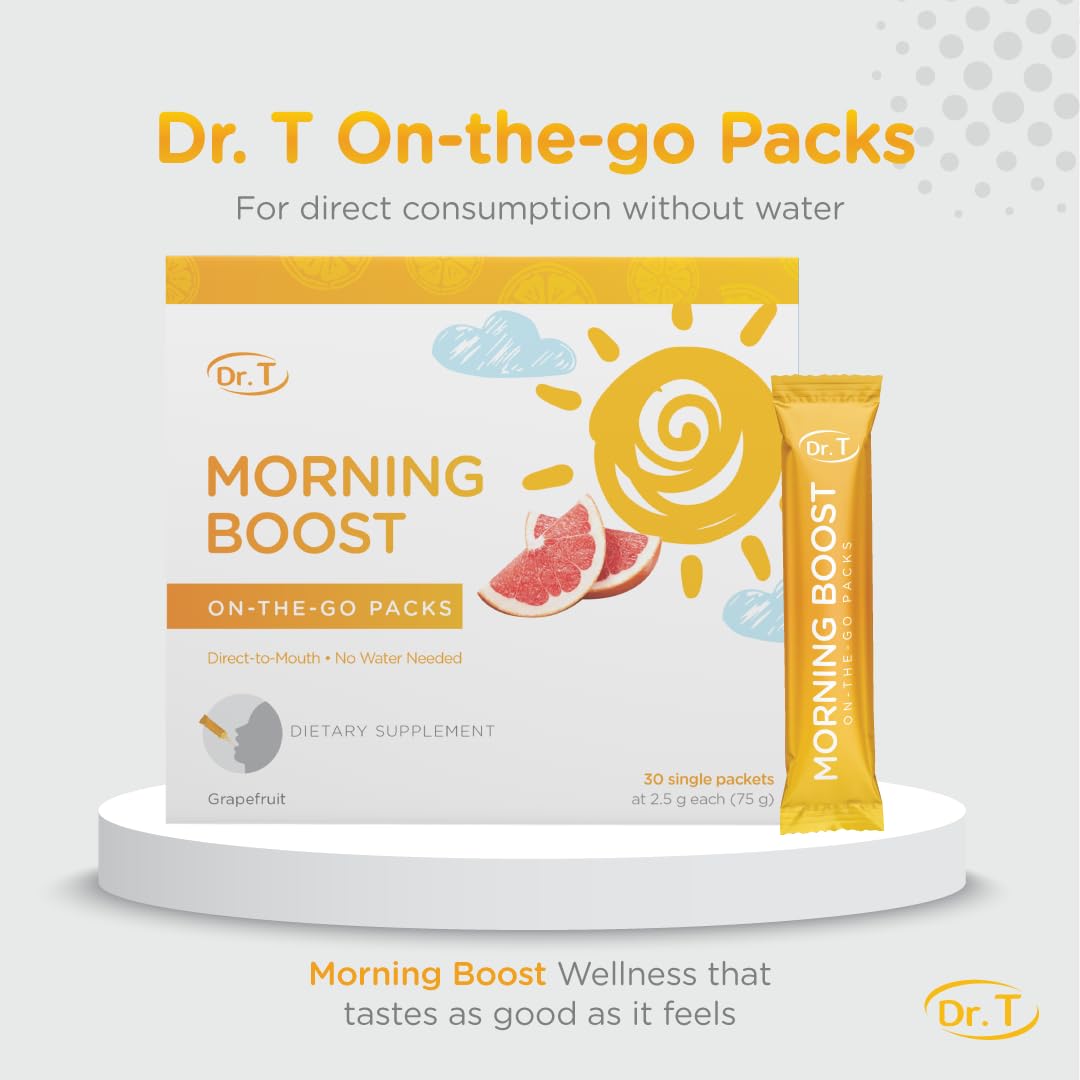 Dr. T Morning Boost grapefruit flavor highlighted as a refreshing travel-friendly routine