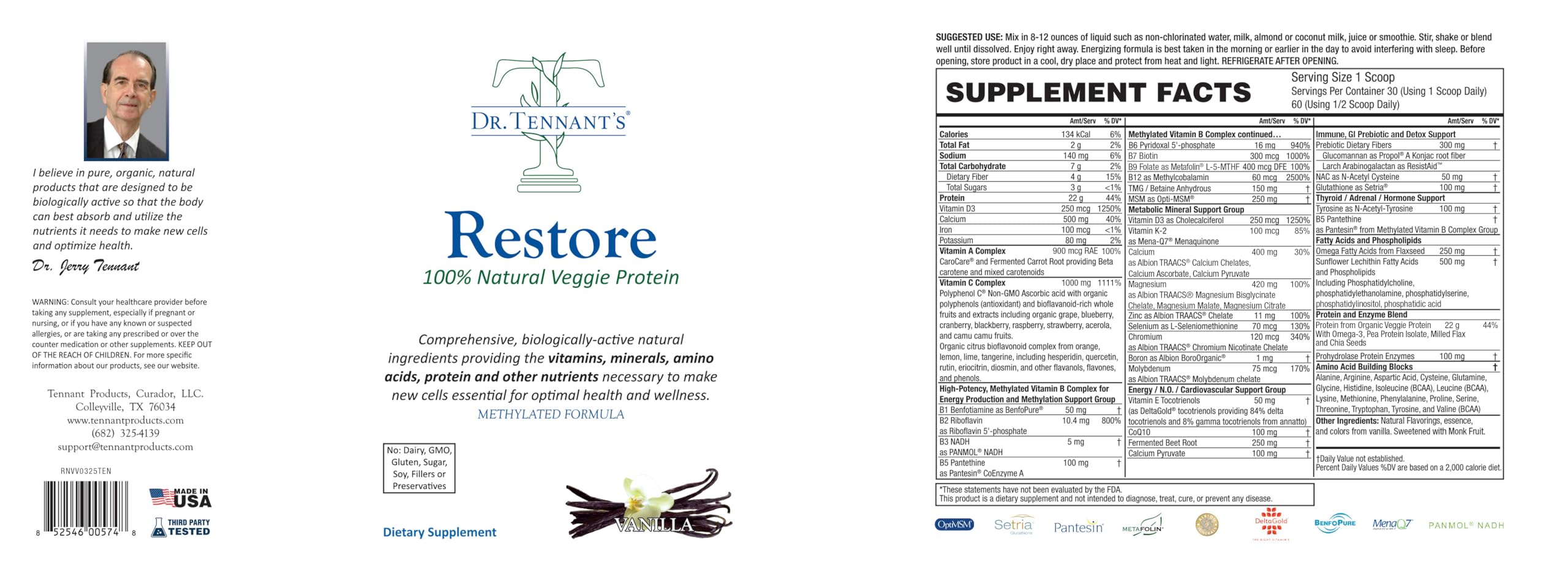 Dr. Tennant's Restore vanilla powder poured into water for a fast nutrient boost