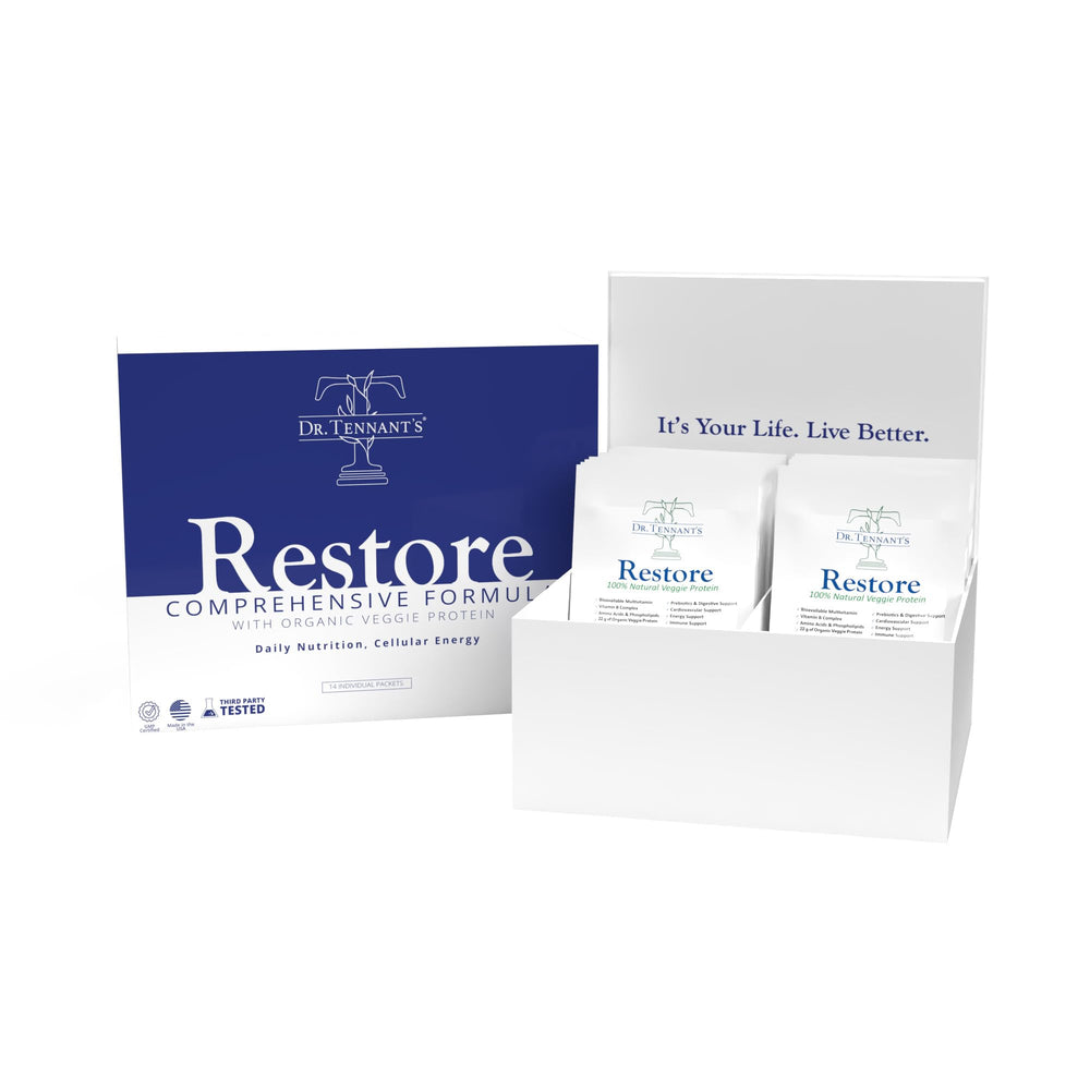 Dr. Tennant's Restore Vanilla Shake bottle on counter for daily nutrition.