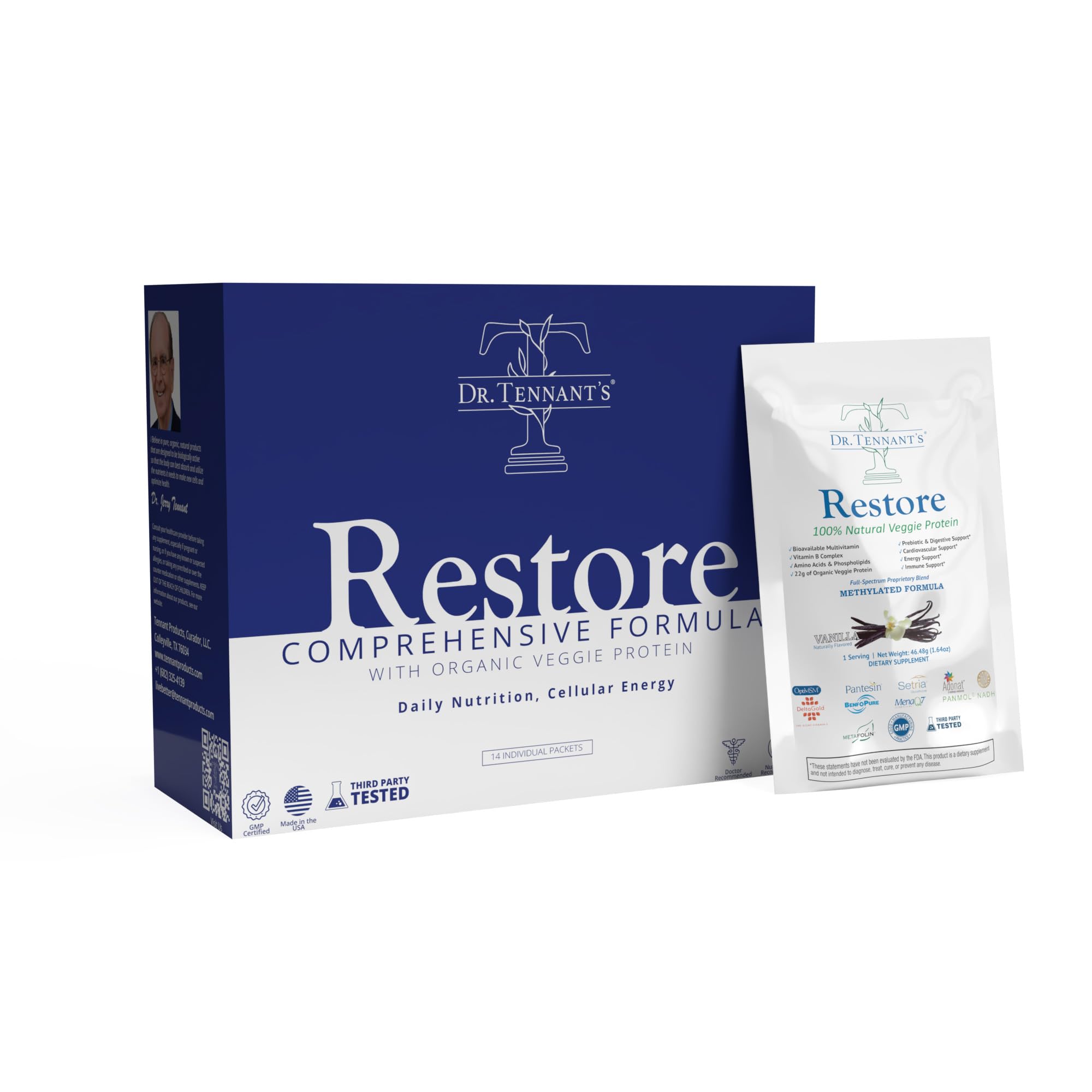 Pouring Dr. Tennant's Restore Vanilla Shake into a glass for a quick energy boost.
