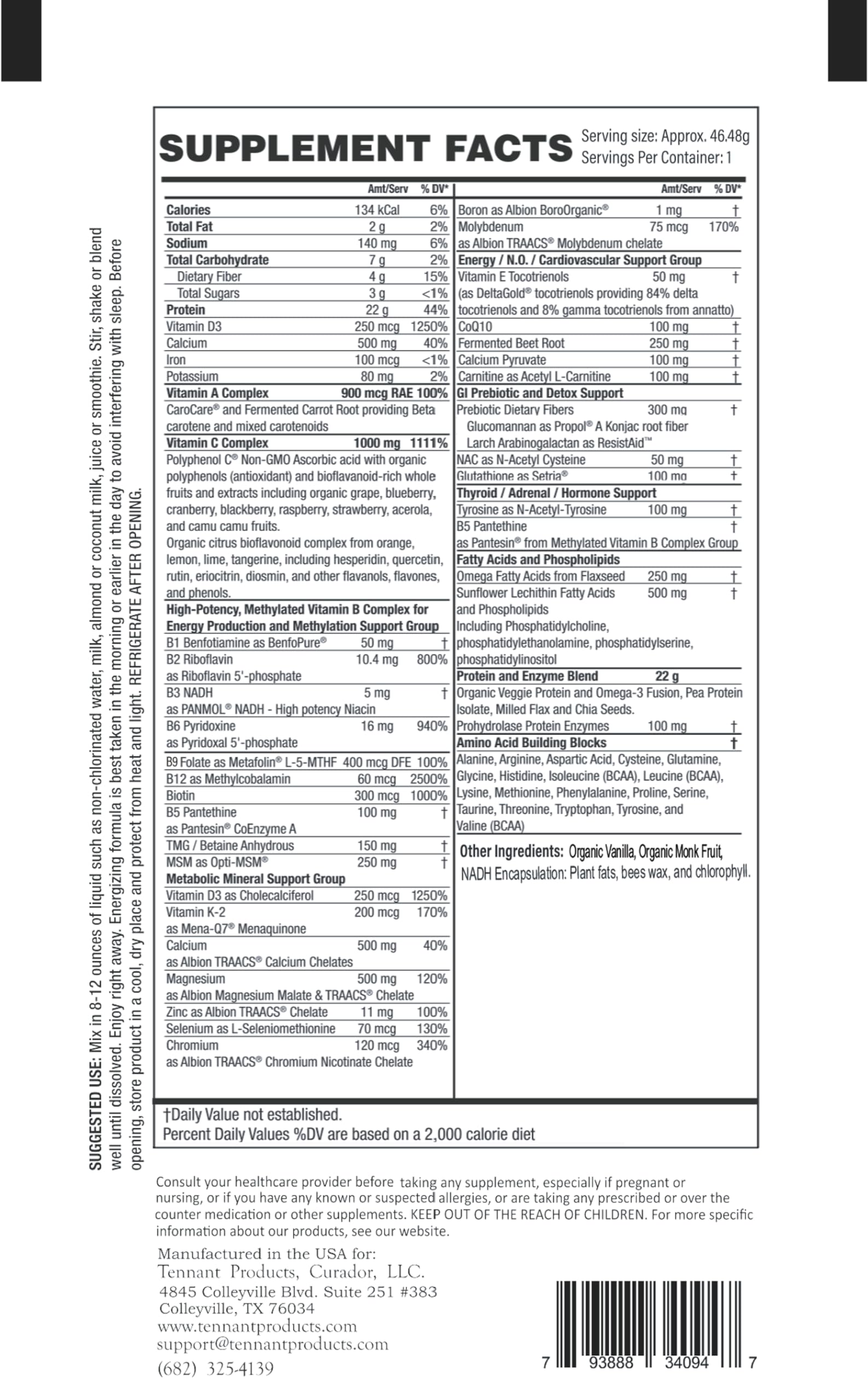 Dr. Tennant's Restore Vanilla Shake ingredients highlight amino acids and prebiotics.