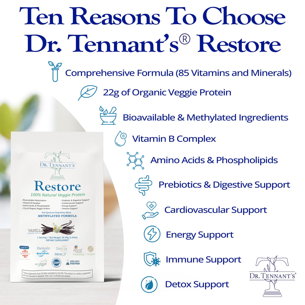 Scooping Dr. Tennant's Restore Vanilla Shake powder for a smoothie mix.