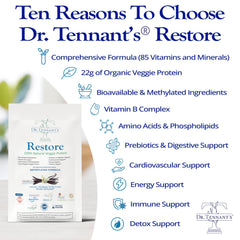 Scooping Dr. Tennant's Restore Vanilla Shake powder for a smoothie mix.