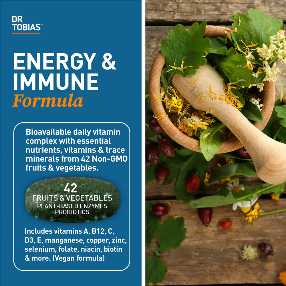 Dr. Tobias 42 fruits and vegetables tablet highlight natural nutrition in a convenient daily dose.