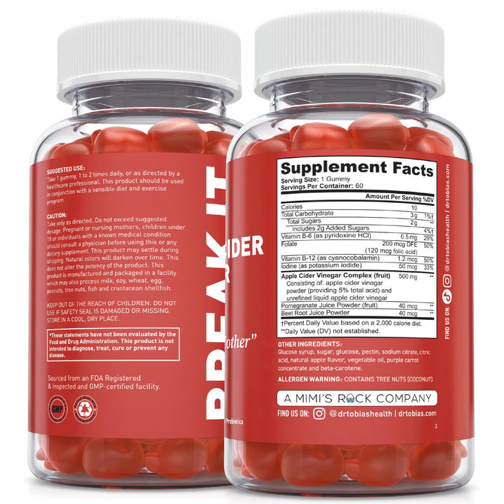 Close-up of the Dr. Tobias gummy label highlighting The Mother and nutrients.