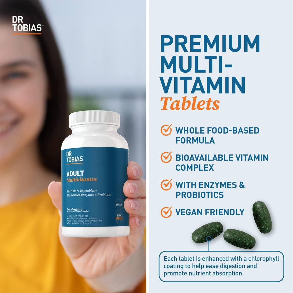 Label detail highlights 42 fruits and vegetables in Dr. Tobias multivitamin
