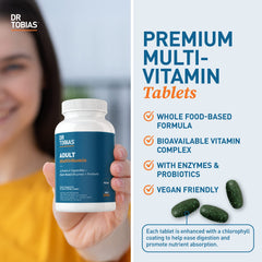 Label detail highlights 42 fruits and vegetables in Dr. Tobias multivitamin