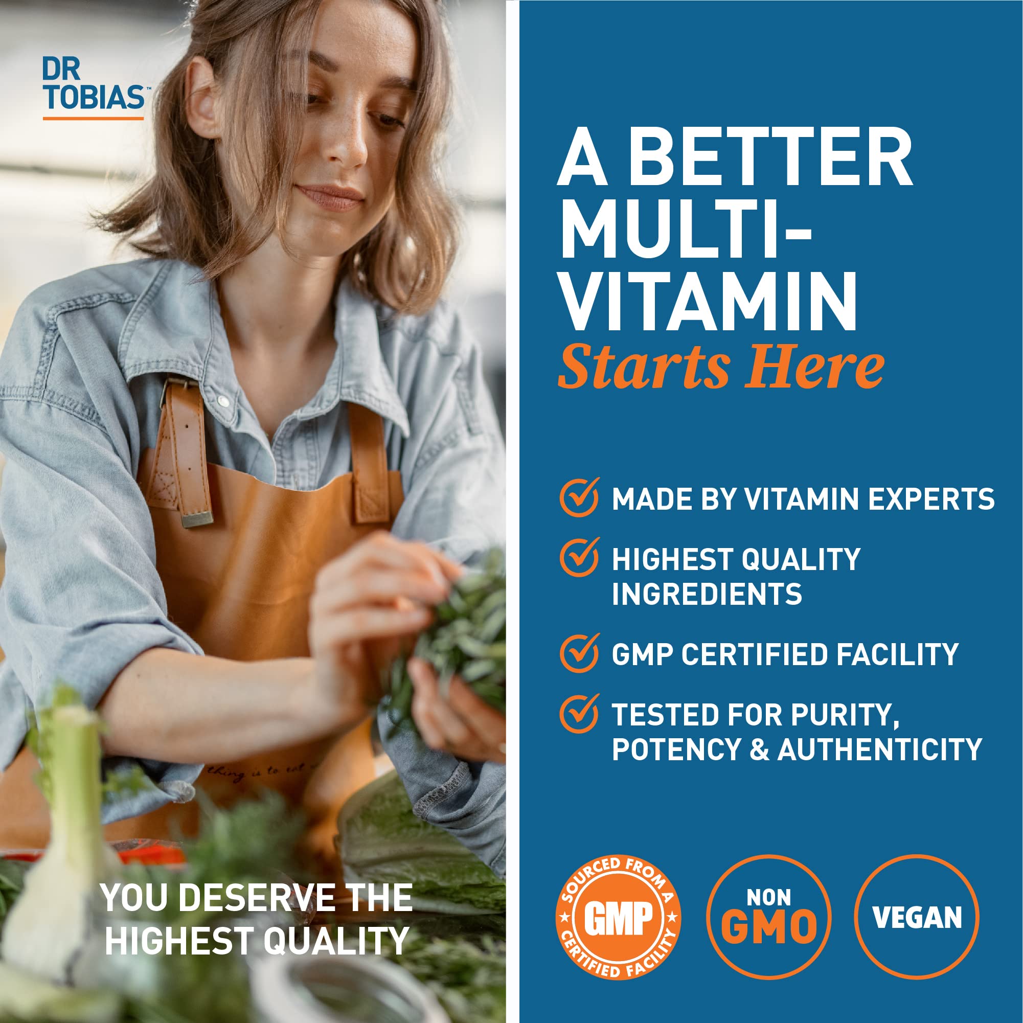 Packaging of Dr. Tobias vegan multivitamin tablets in a bottle