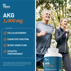 Front label of Dr. Tobias AKG bottle showing vegan and non-GMO attributes