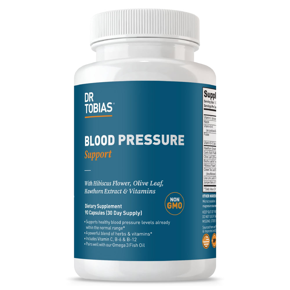 Dr. Tobias Blood Pressure Support bottle with hawthorn promotes circulatory wellness.