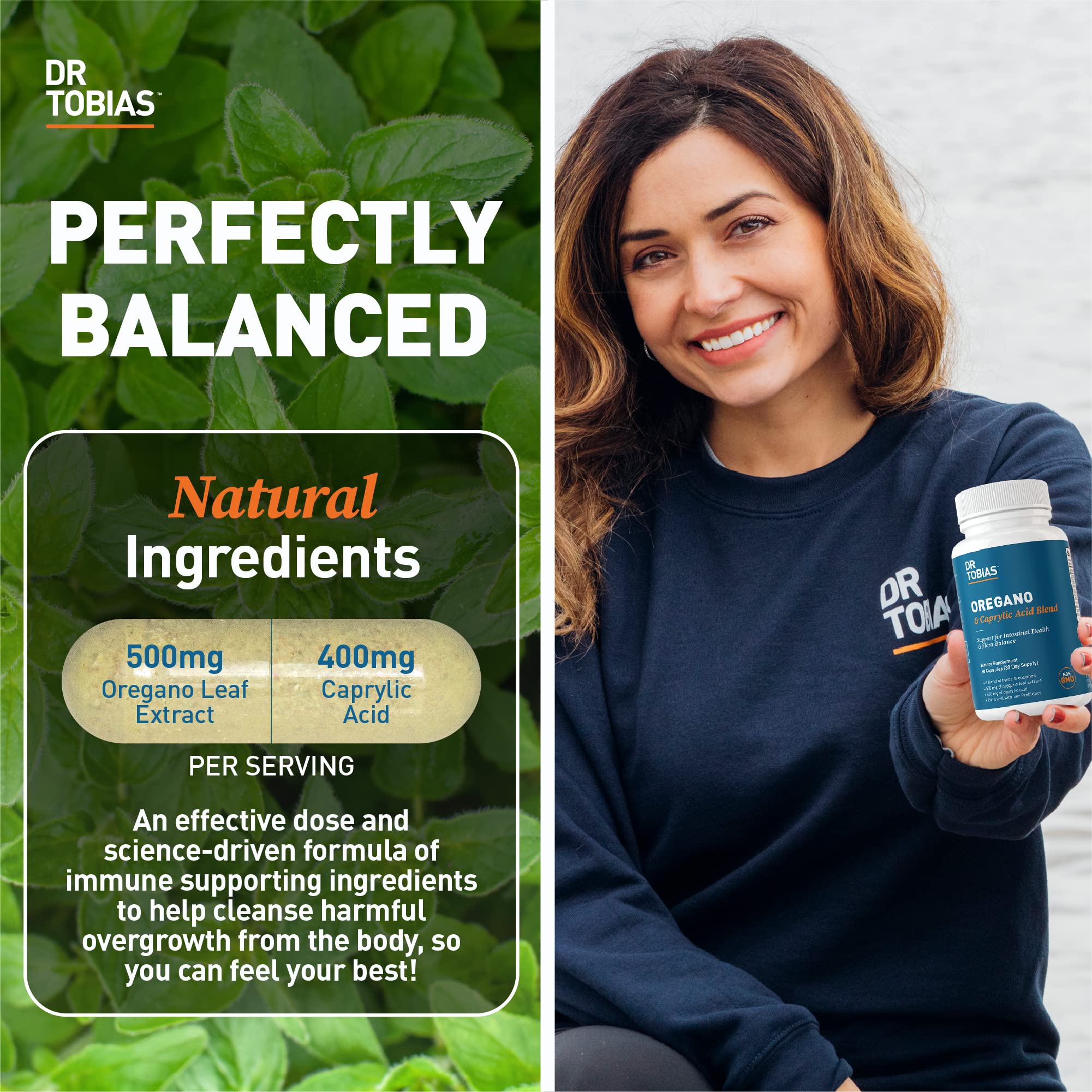Dr. Tobias bottle label close-up highlighting capsule benefits and non-GMO ingredients