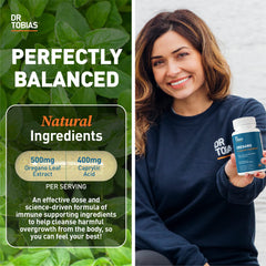 Dr. Tobias bottle label close-up highlighting capsule benefits and non-GMO ingredients