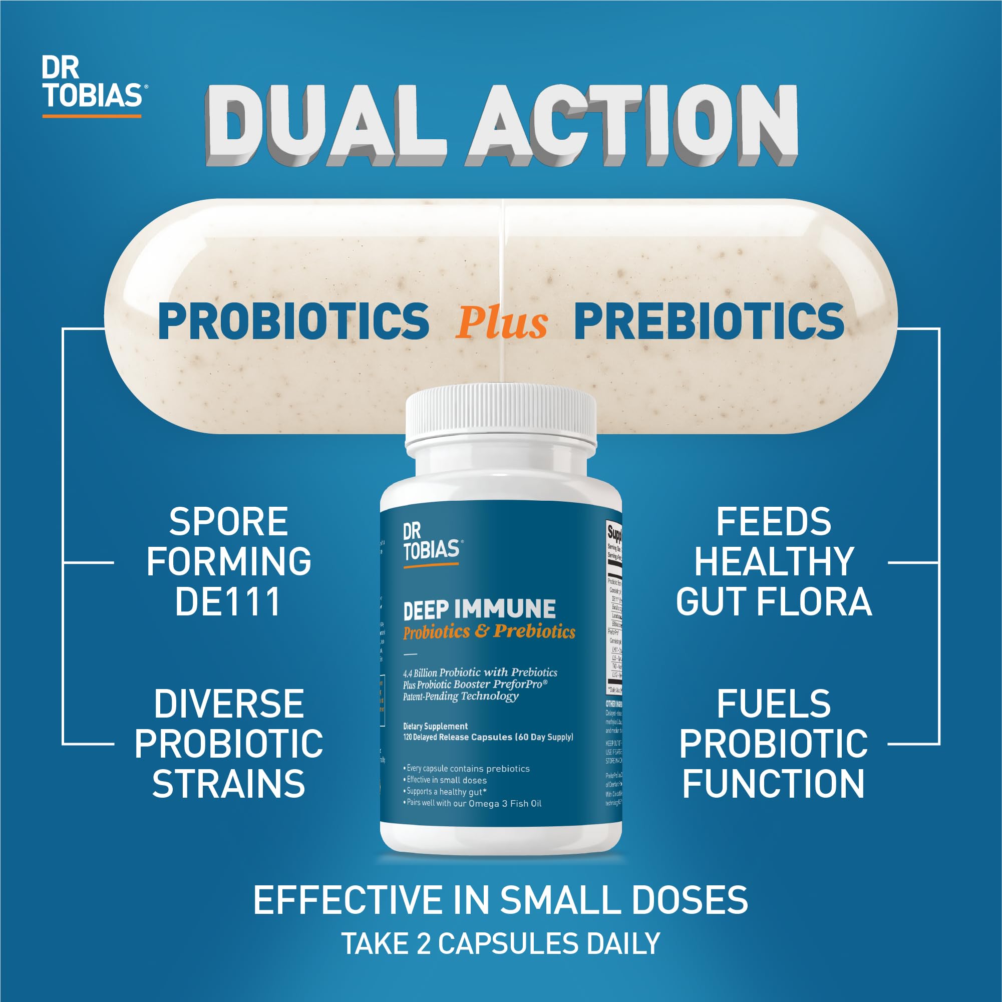 Dr. Tobias Deep Immune capsules closeup highlighting spore-forming probiotic benefits.