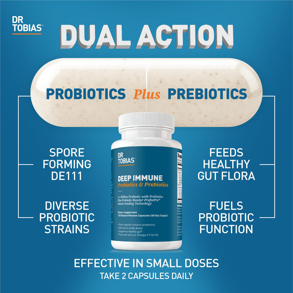 Dr. Tobias Deep Immune capsules closeup highlighting spore-forming probiotic benefits.
