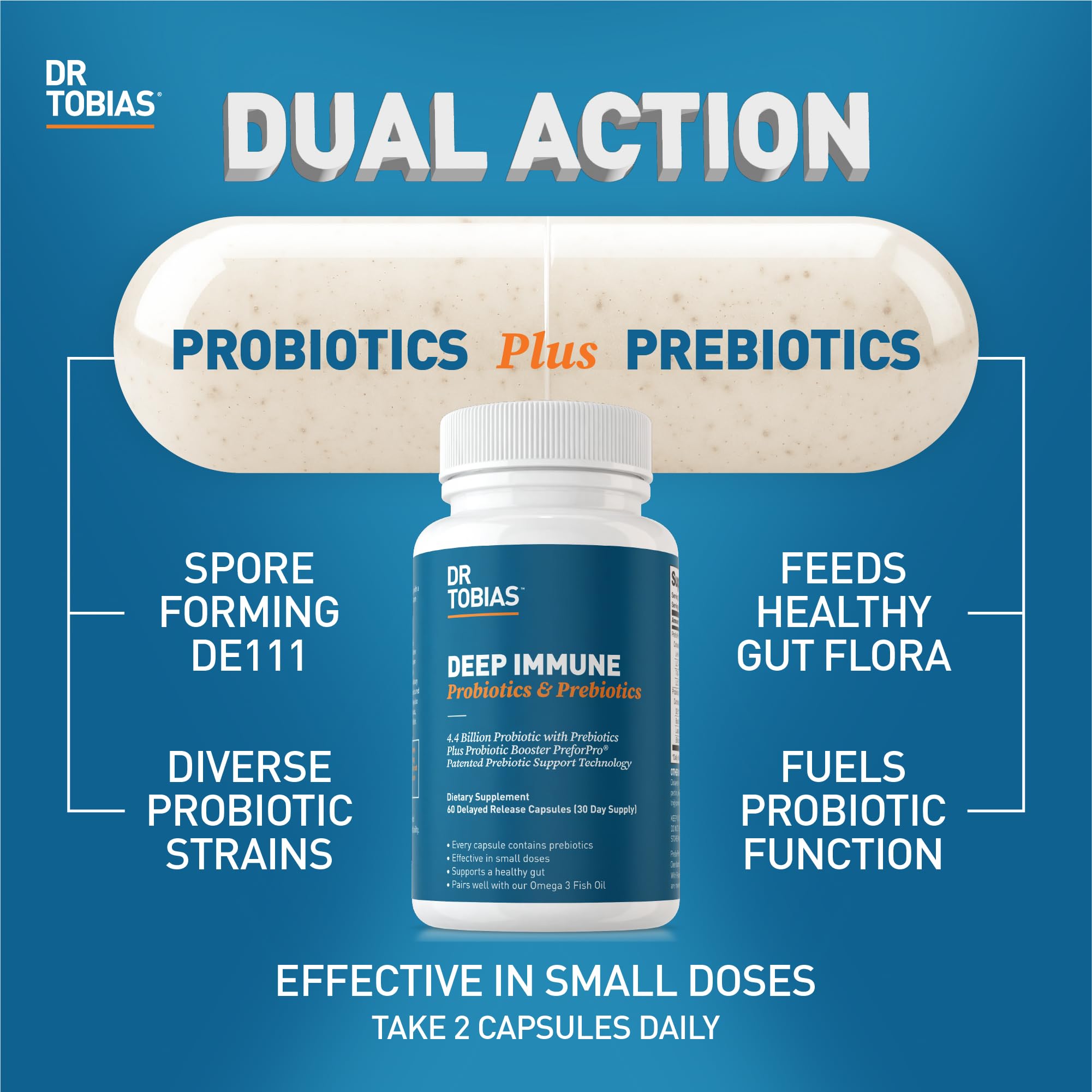 Dr. Tobias Deep Immune capsules closeup, convenient vegetarian capsules for daily support.