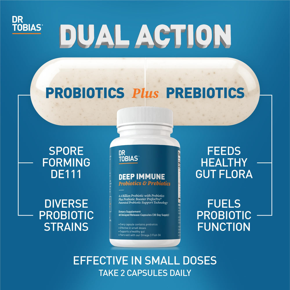 Dr. Tobias Deep Immune capsules closeup, convenient vegetarian capsules for daily support.