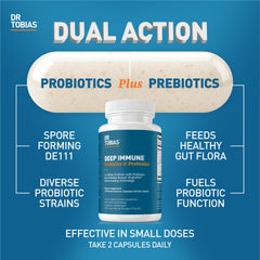 Dr. Tobias Deep Immune capsules closeup highlighting spore-forming probiotic benefits.