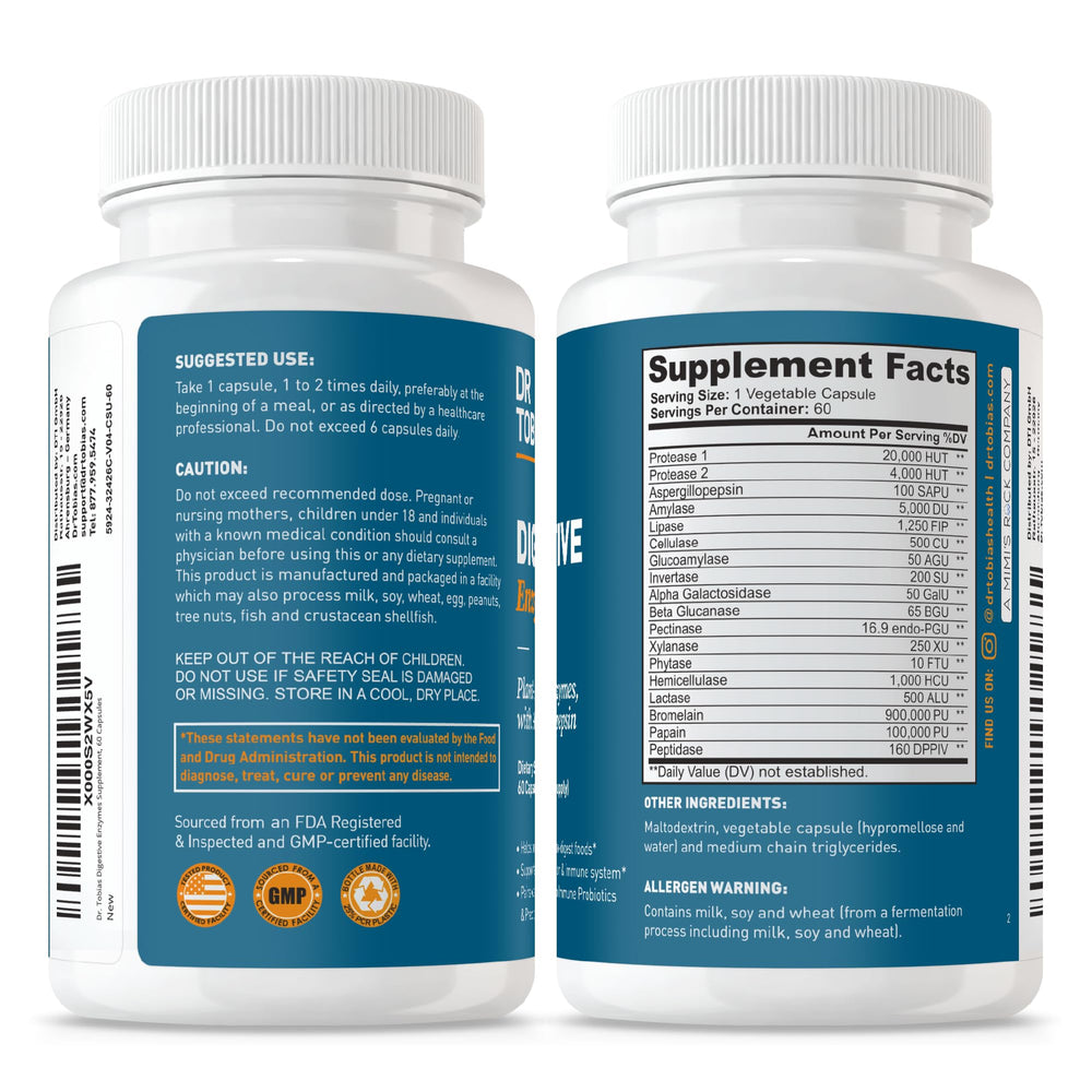 Dr. Tobias Digestive Enzymes bottle on counter with clean design