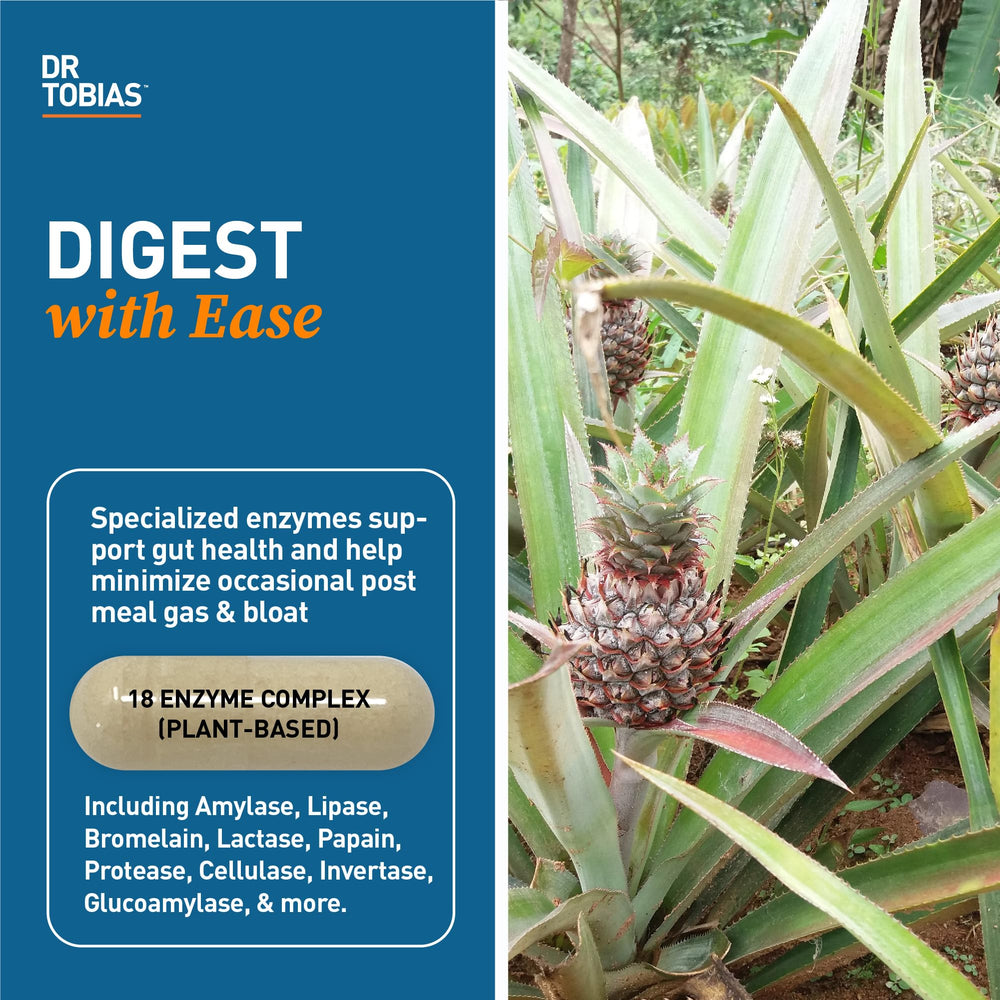 Close-up of the Dr. Tobias Digestive Enzymes label highlighting the enzyme blend