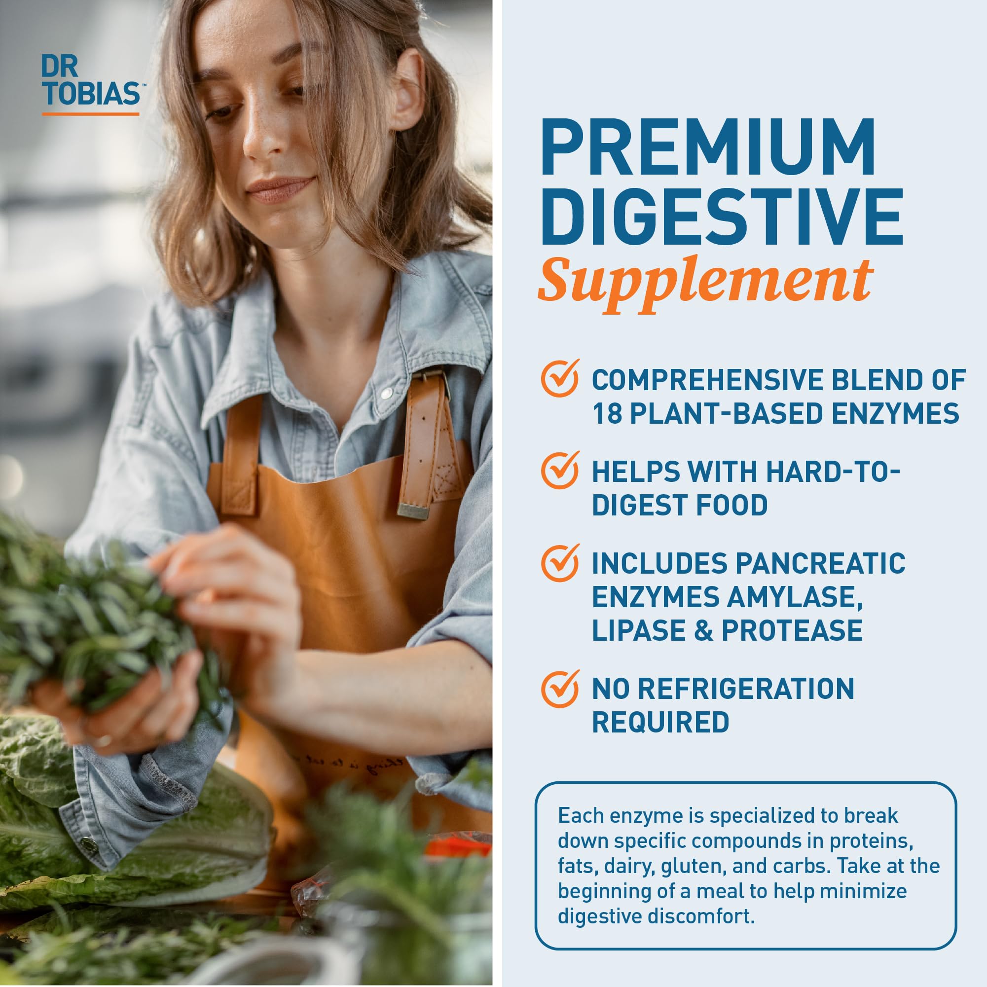Packaging box of Dr. Tobias Digestive Enzymes showing 18-enzyme blend