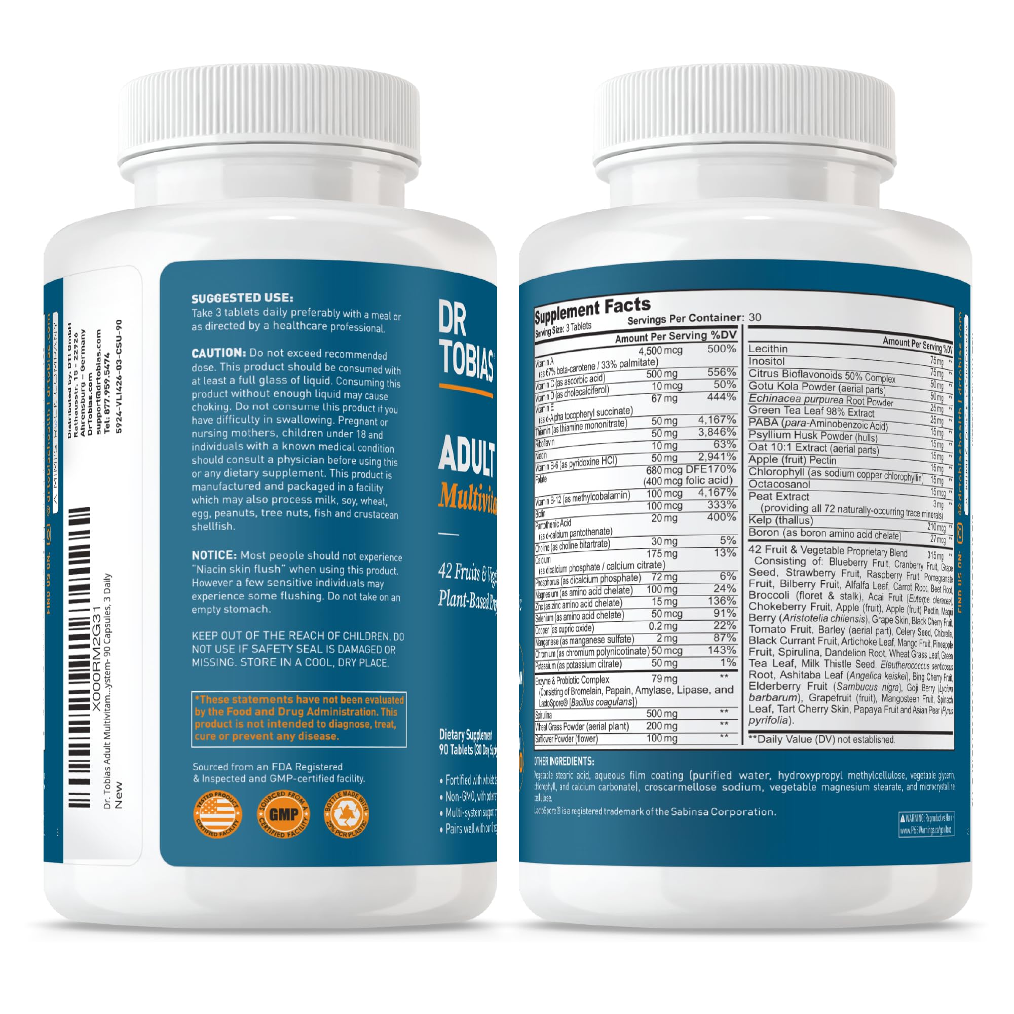 Dr. Tobias GMP facility badge signals quality manufacturing and consistent potency.