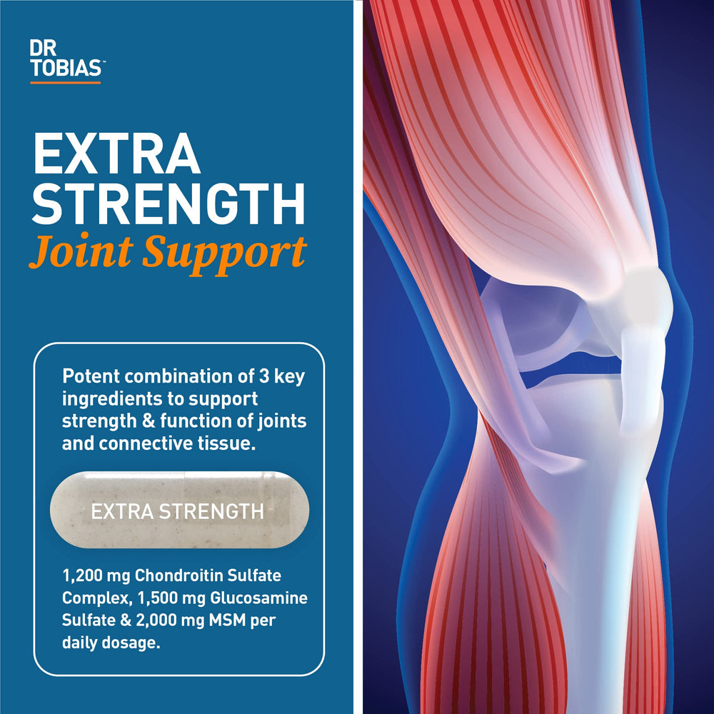 Dr. Tobias Joint Support bottle label highlights glucosamine, chondroitin, MSM for joint support.