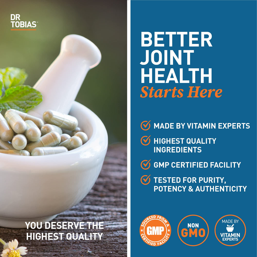 Dr. Tobias Joint Support glass with capsules on table for daily regimen.