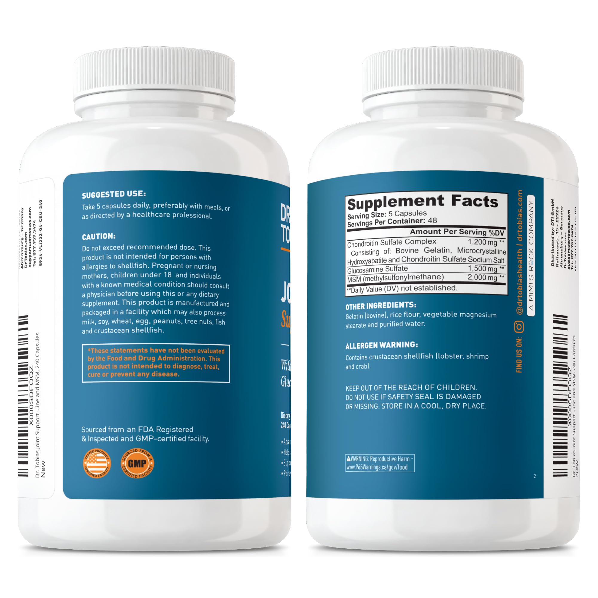 Dr. Tobias Joint Support ingredients area featuring glucosamine, MSM for joint health.