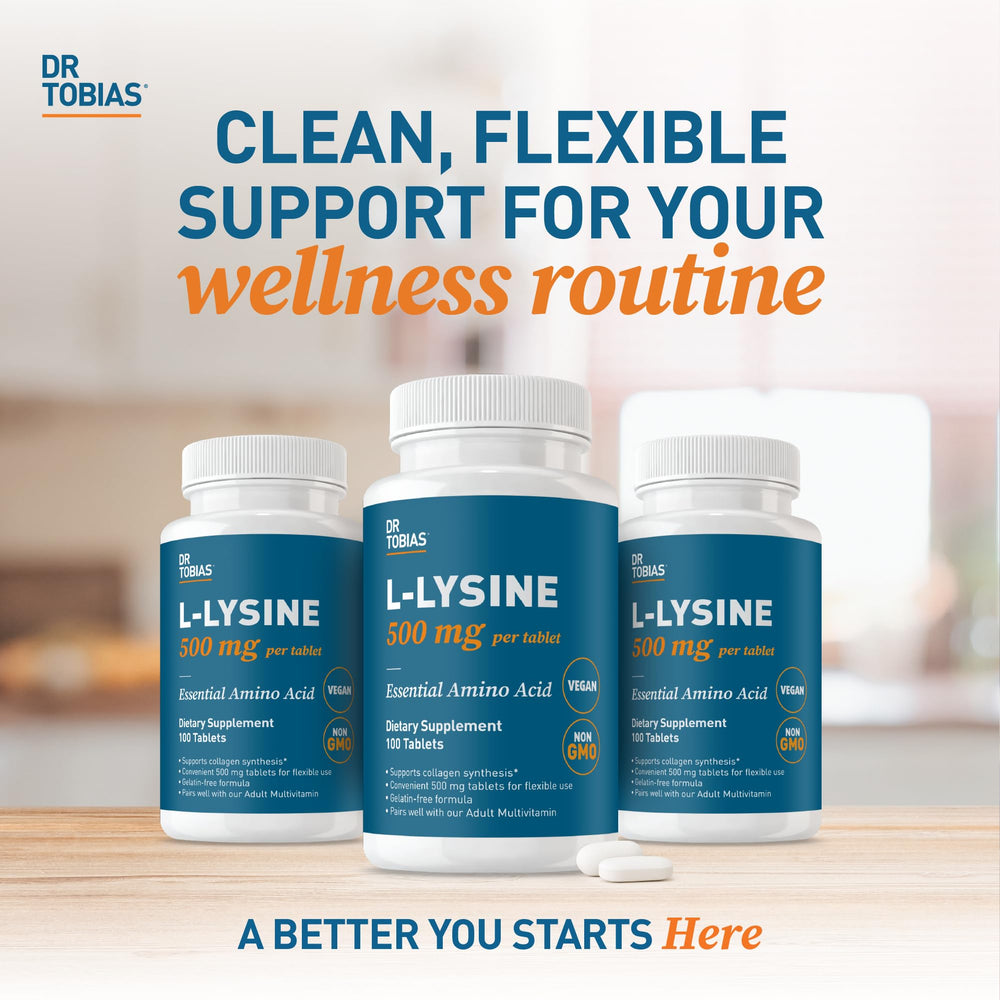Dr. Tobias L-Lysine 500 mg packaging highlights 100-tablet supply for long-term use.
