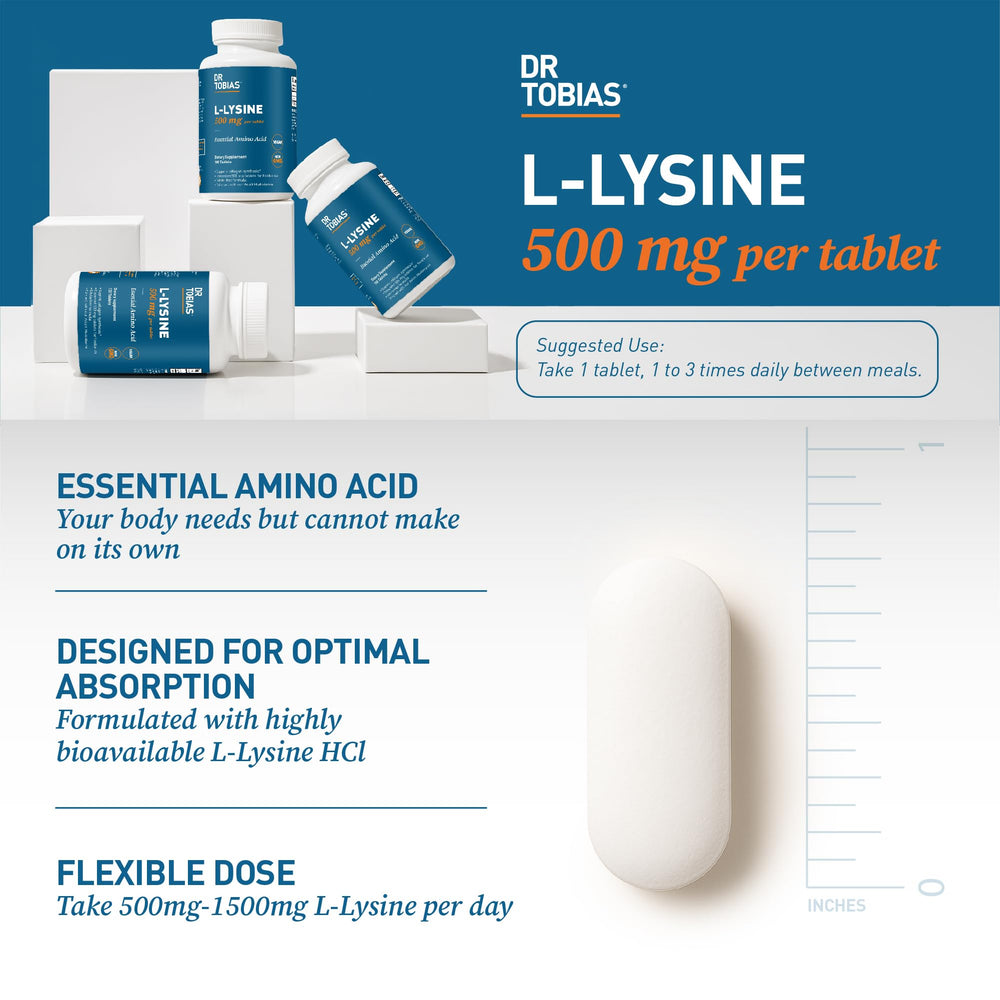 Dr. Tobias L-Lysine bottle on a clean counter for simple daily routine.