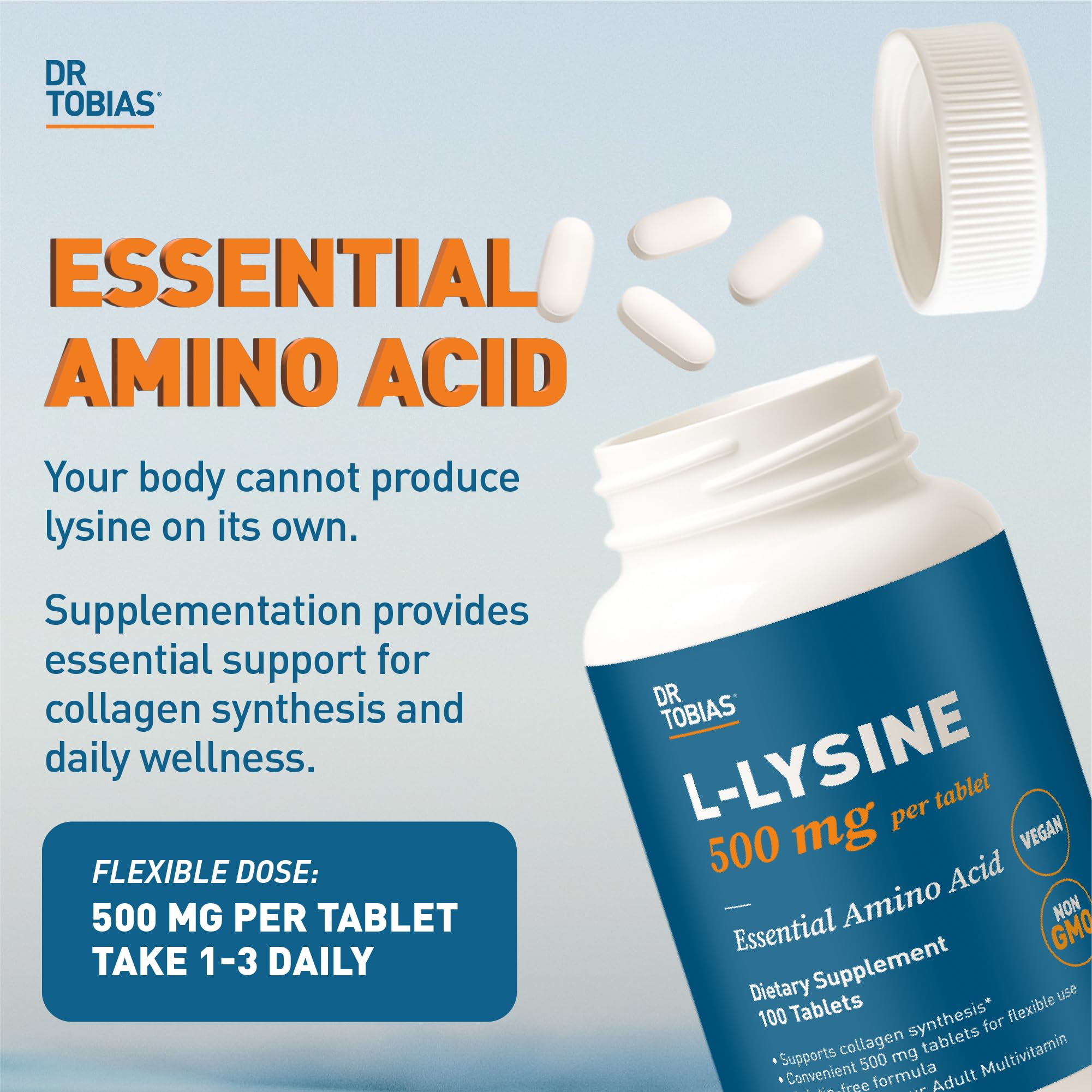 Dr. Tobias L-Lysine bottle with label showing vegan and non-GMO formula.