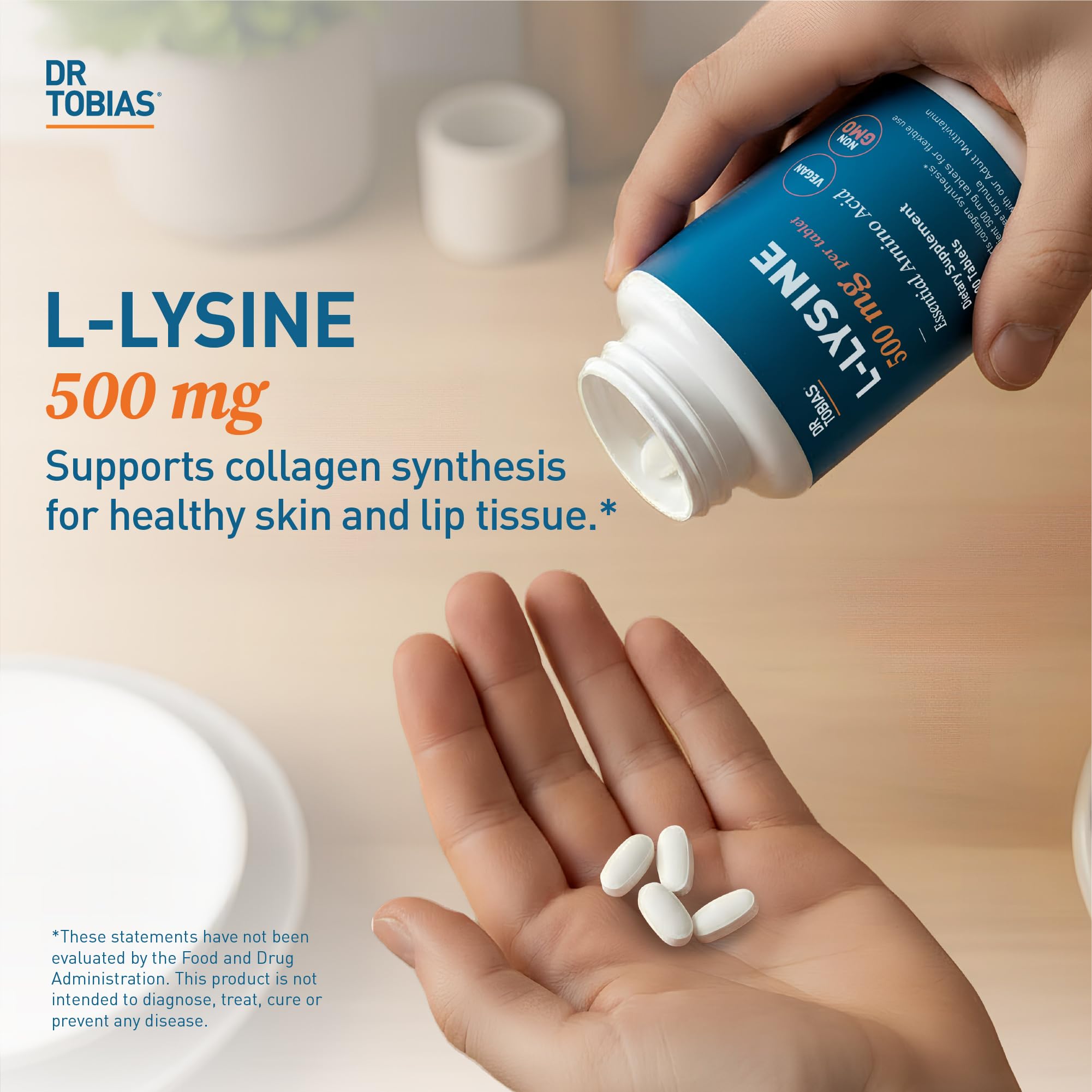 Close-up of a Dr. Tobias L-Lysine tablet highlighting smooth texture for easy swallowing.