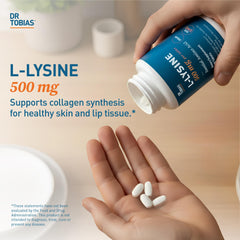 Close-up of a Dr. Tobias L-Lysine tablet highlighting smooth texture for easy swallowing.