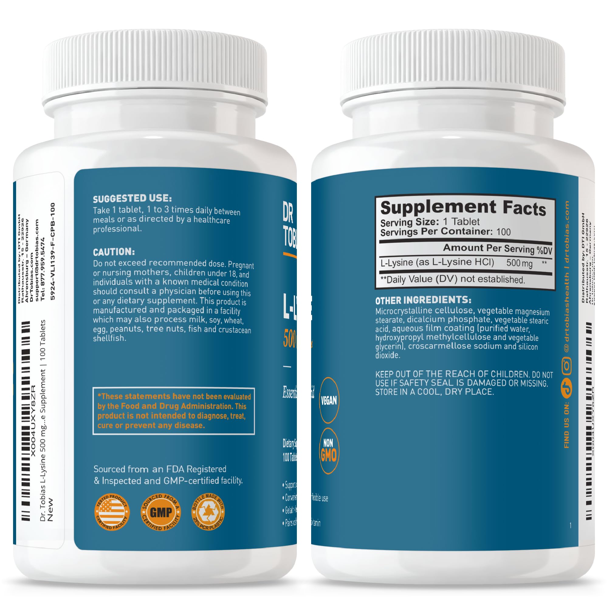 Dr. Tobias L-Lysine packaging shows vegan and non-GMO badge.