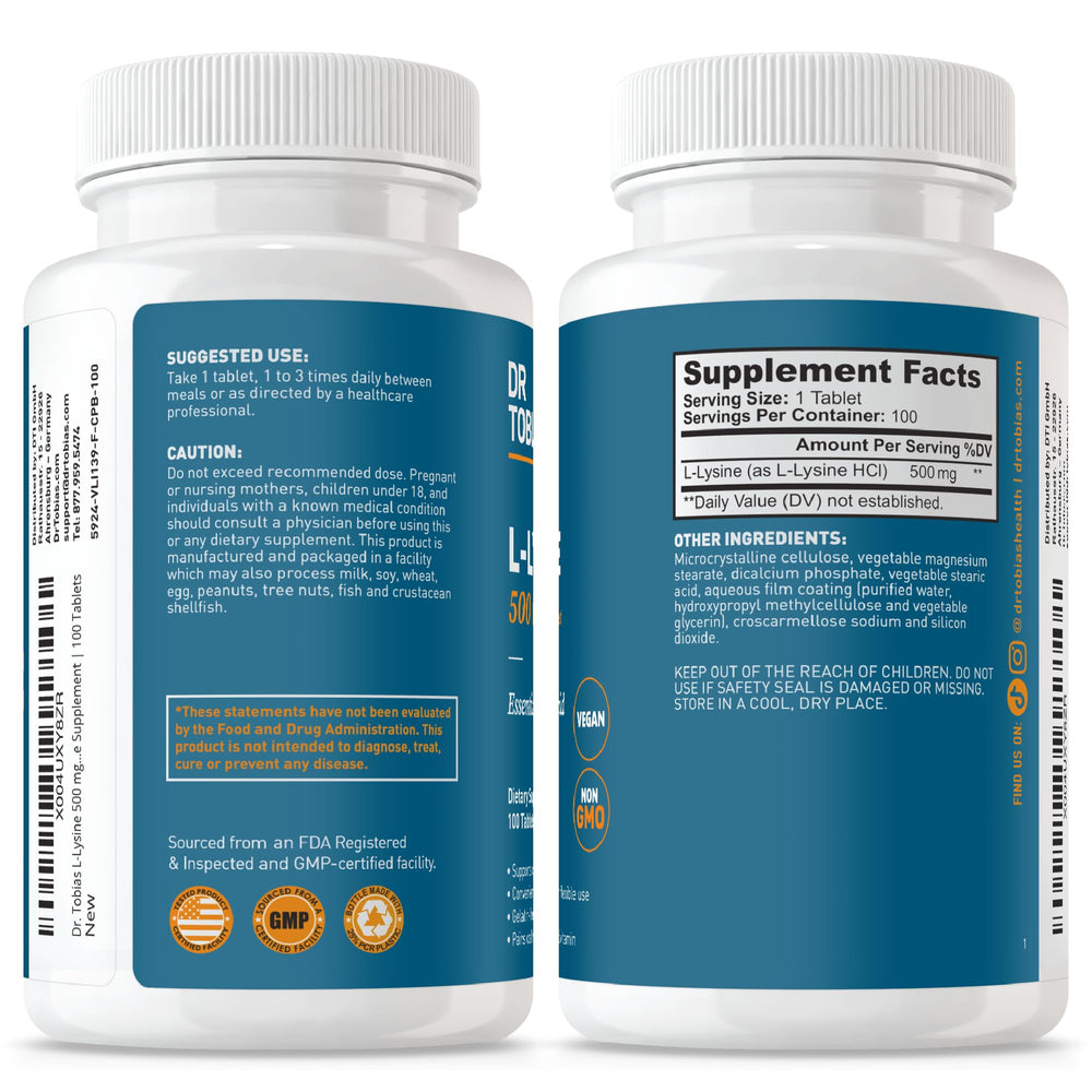 Dr. Tobias L-Lysine packaging shows vegan and non-GMO badge.