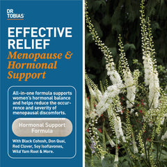 Dr. Tobias Menopause Relief bottle label showing Non-GMO and GMP quality