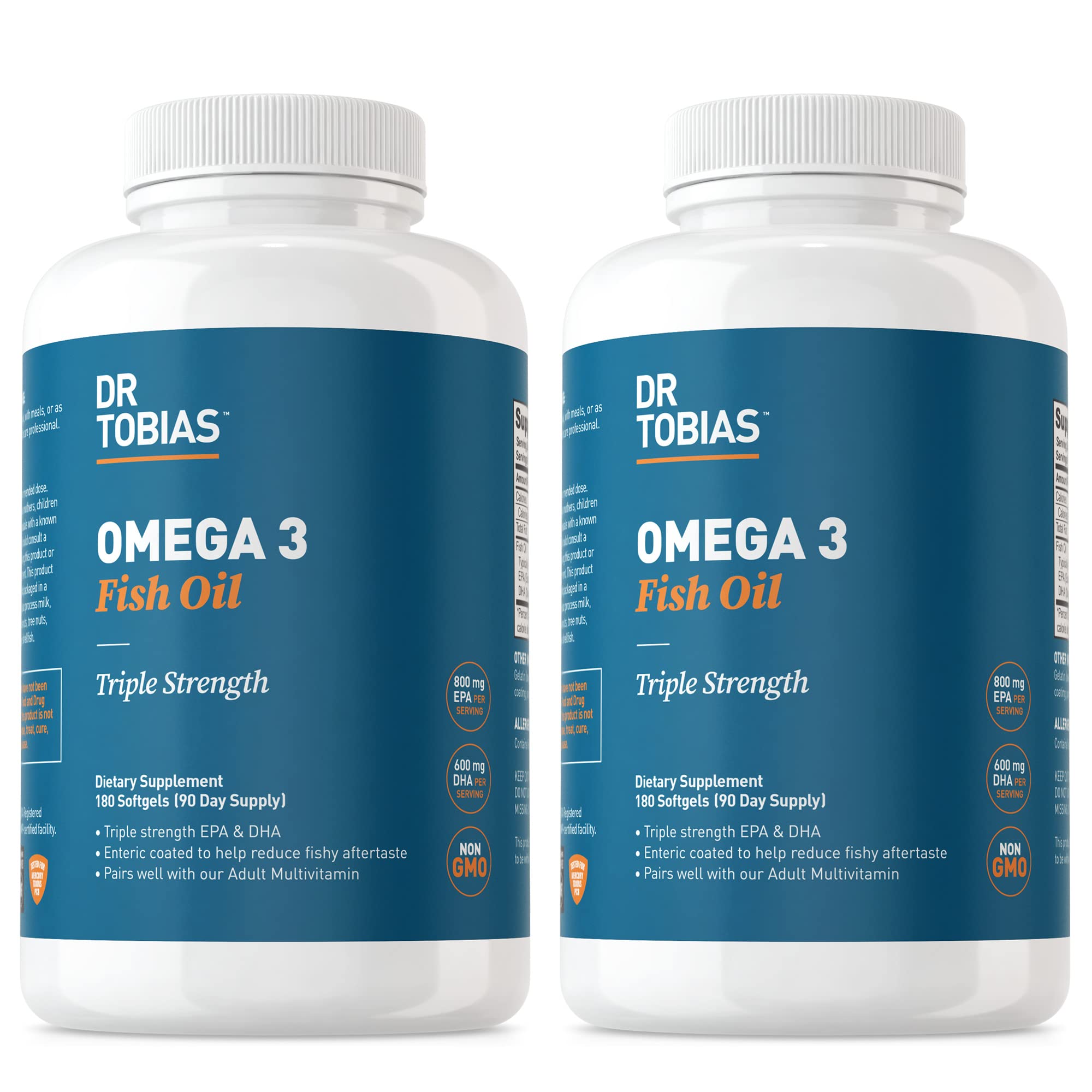 Dr. Tobias Omega-3 bottle packshot showing triple-strength fish oil capsules for heart and brain support.
