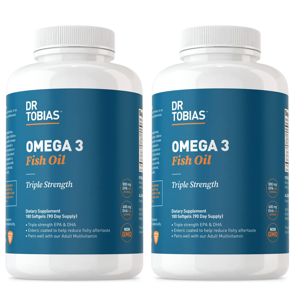 Dr. Tobias Omega-3 bottle packshot showing triple-strength fish oil capsules for heart and brain support.