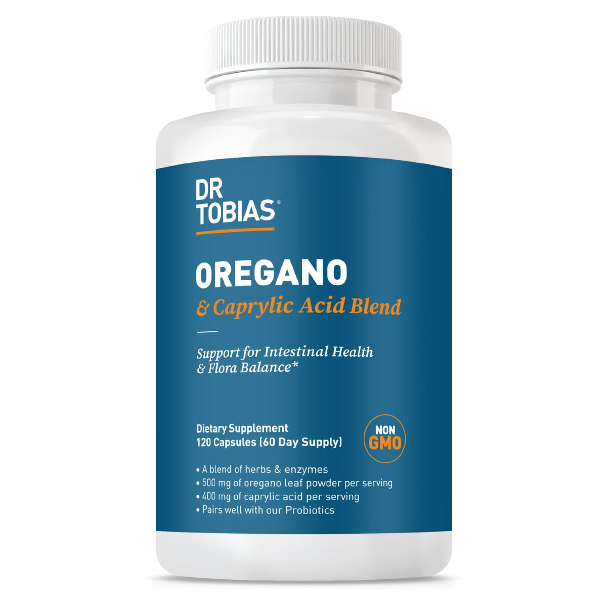 Dr. Tobias oregano-caprylic acid blend bottle for gut balance and digestive support