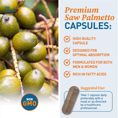 Dr. Tobias Saw Palmetto daily serving image with 100 capsules per bottle.