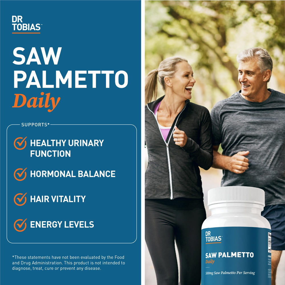 Dr. Tobias Saw Palmetto packaging box highlighting quality and non-GMO sourcing.