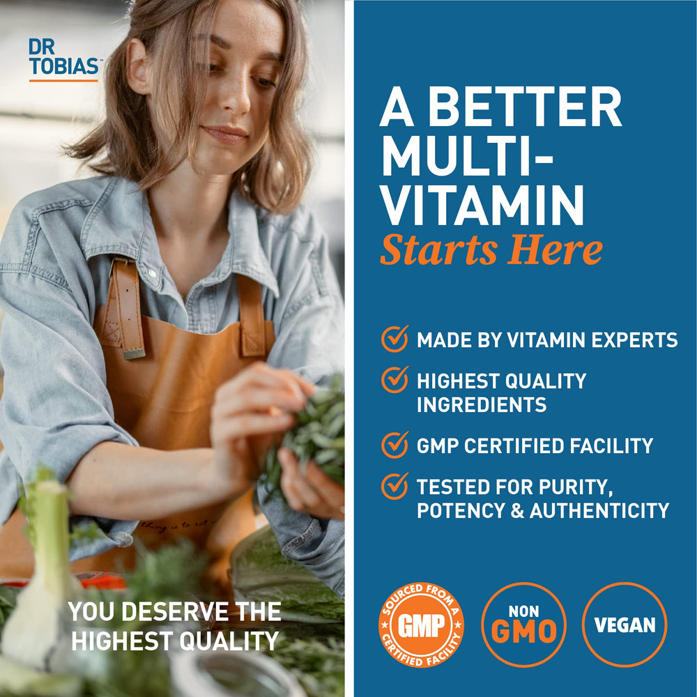 Dr. Tobias vegan multivitamin tablet pack supports plant-based nutrition for all lifestyles.