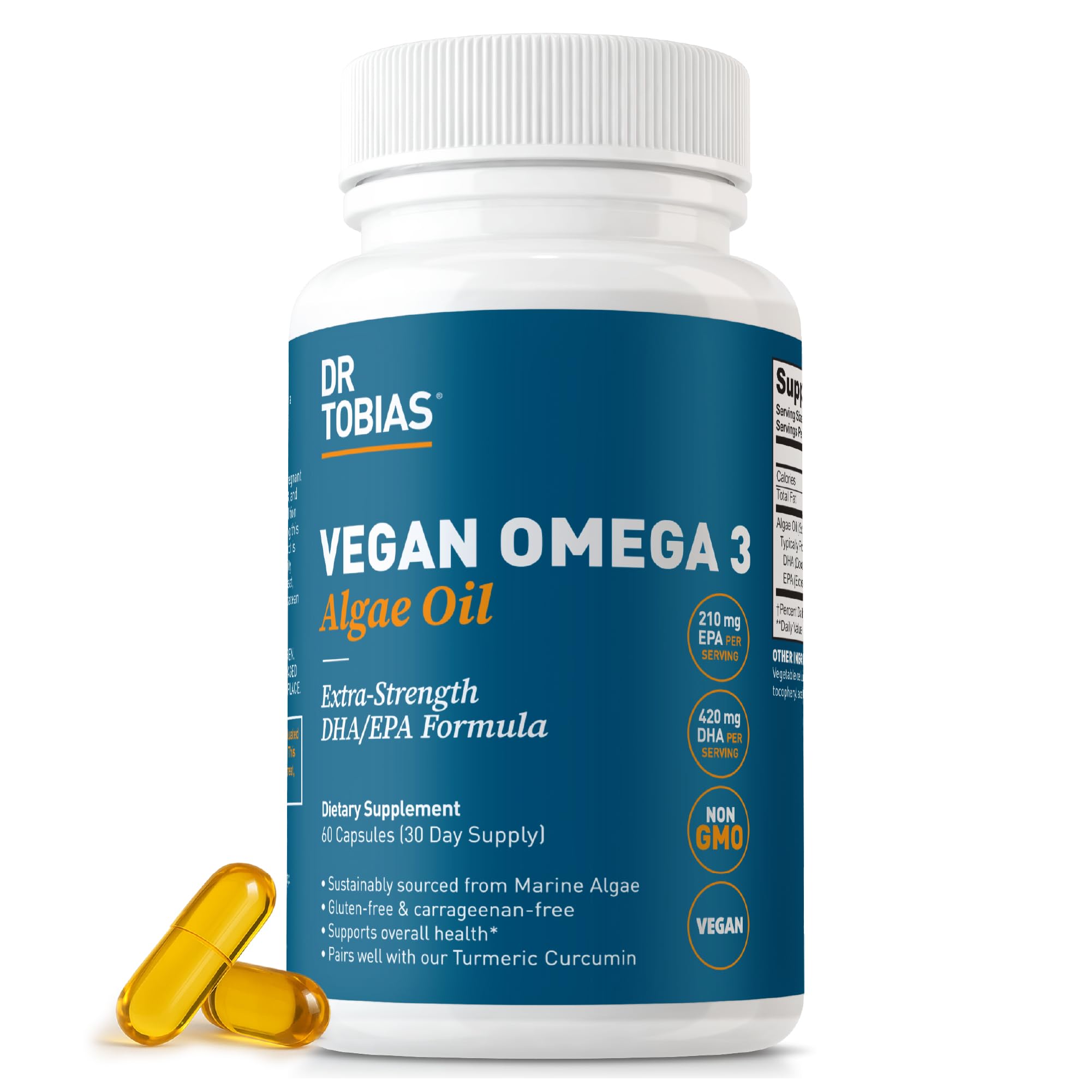 Dr. Tobias vegan omega-3 bottle front for daily vitality.