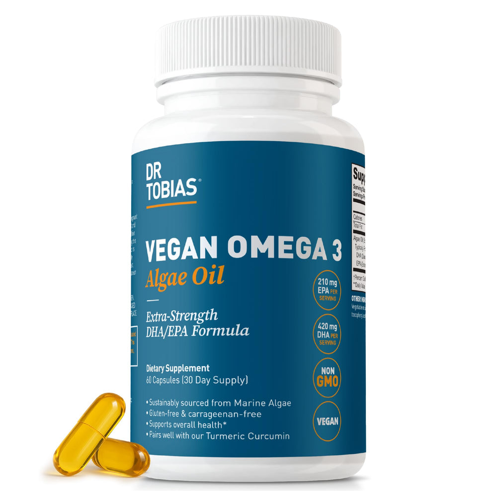 Dr. Tobias vegan omega-3 bottle front for daily vitality.