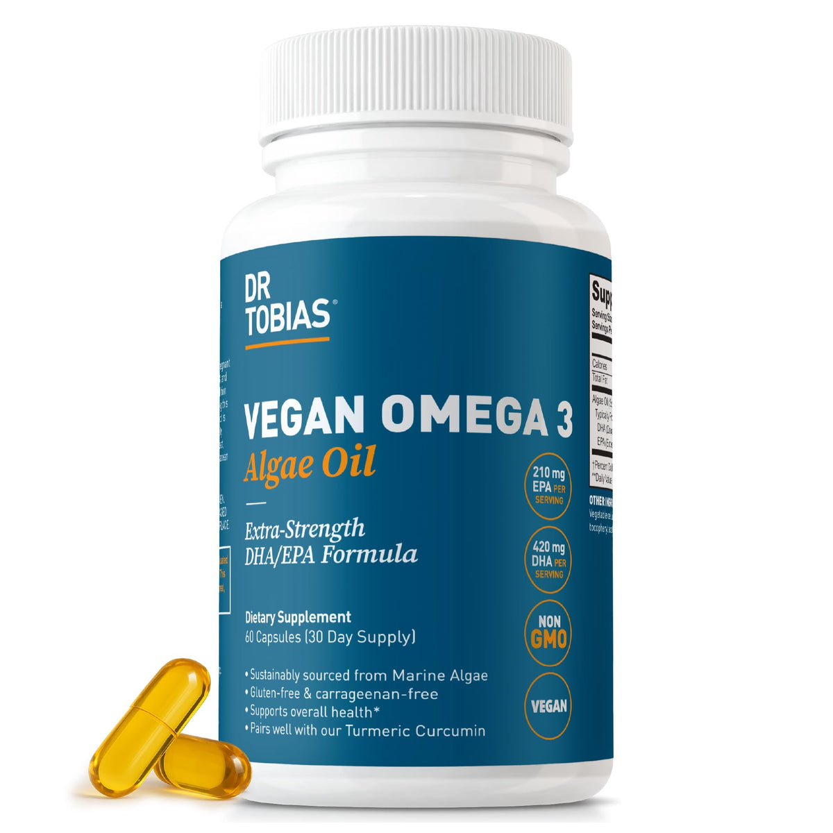 Dr. Tobias vegan omega-3 bottle front for daily vitality.